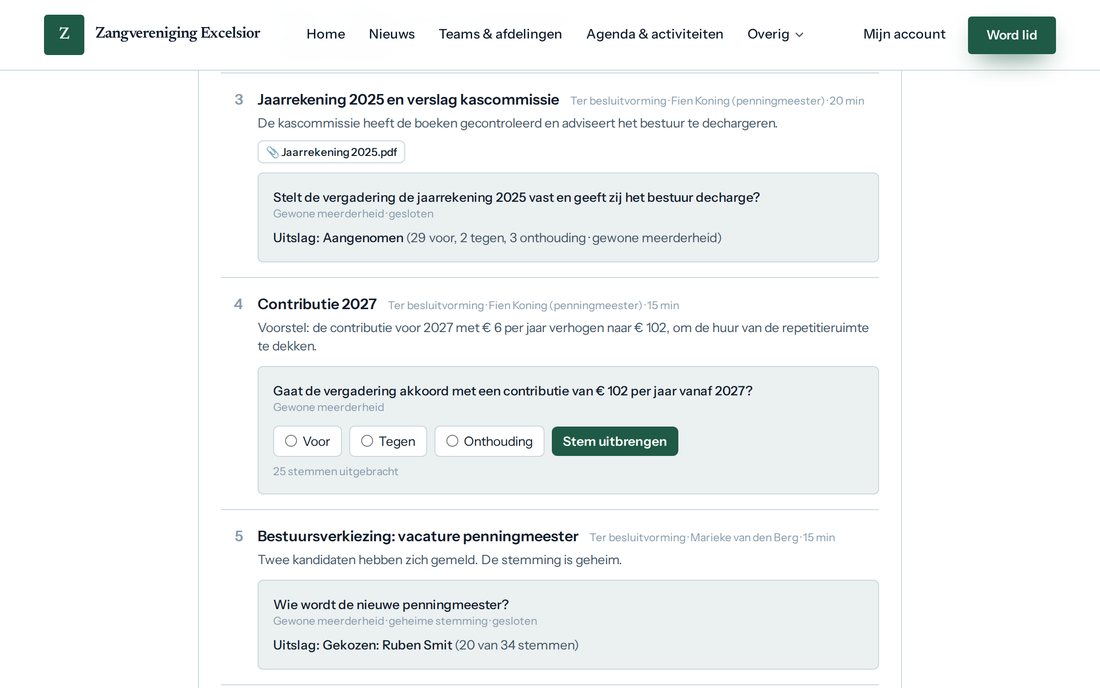 Wat een lid ziet in het ledenportaal: de agenda met de stukken, de uitslag van een gesloten stemming en een open stemming met Voor, Tegen, Onthouding en de knop Stem uitbrengen