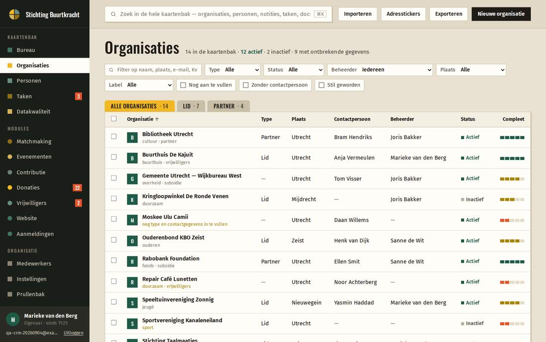 Een ledenlijst in de ledenadministratie, met filters en volledigheid per lid