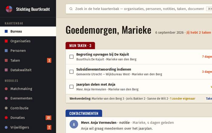 Hetzelfde bureau-scherm van de ledenadministratie, in de huisstijl blauw en rood