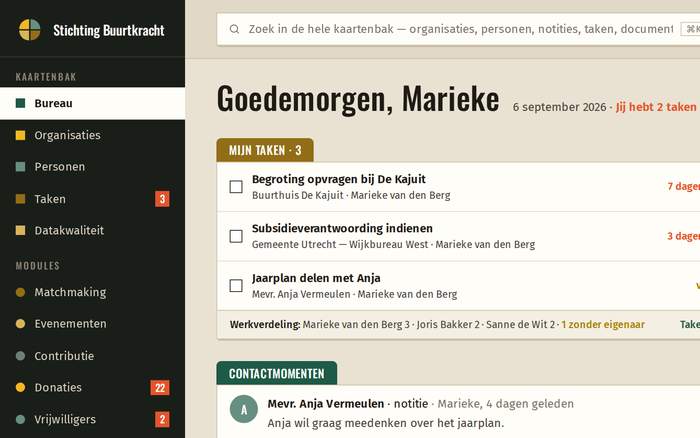 Hetzelfde bureau-scherm van de ledenadministratie, in de huisstijl groen en okergeel