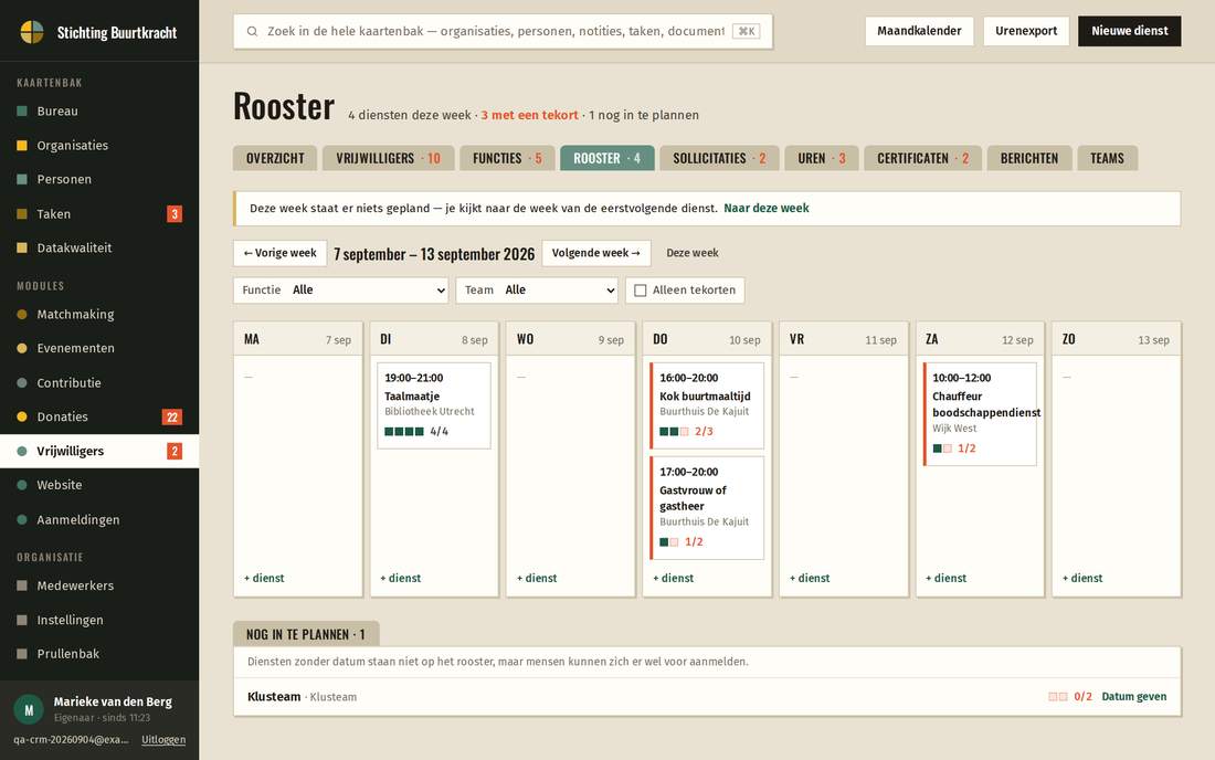 Bardienst rooster per week met per dienst het aantal mensen dat nog nodig is