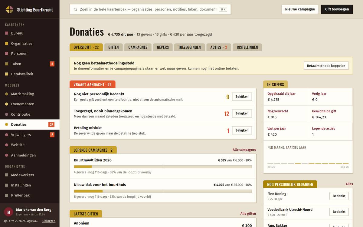 Ledenadministratie software voor goede doelen: het scherm in de kleuren van een goede doelen