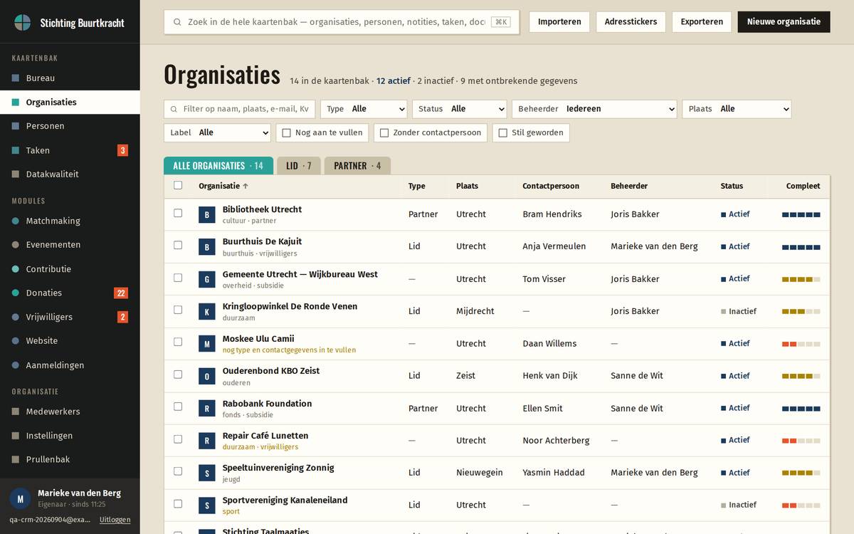 Ledenadministratie software voor netwerken en koepels: het scherm in de kleuren van een netwerken en koepel