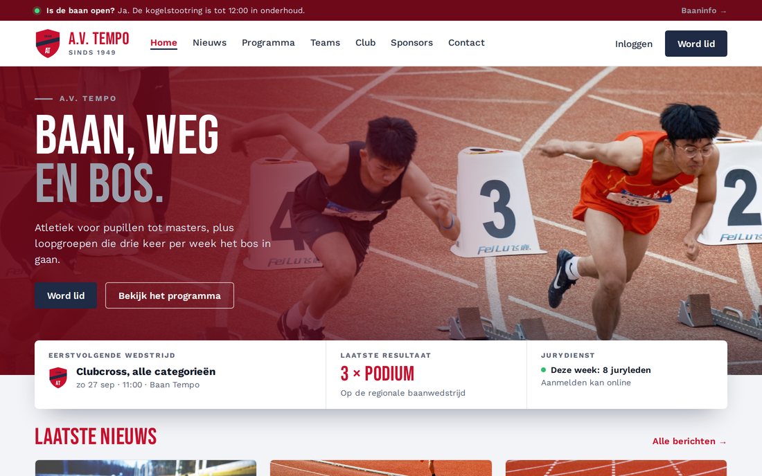 Website van A.V. Tempo, een atletiekvereniging: de homepage met een fotohero, het programma en de laatste uitslag, in de kleuren van de club — gemaakt met de websitebouwer