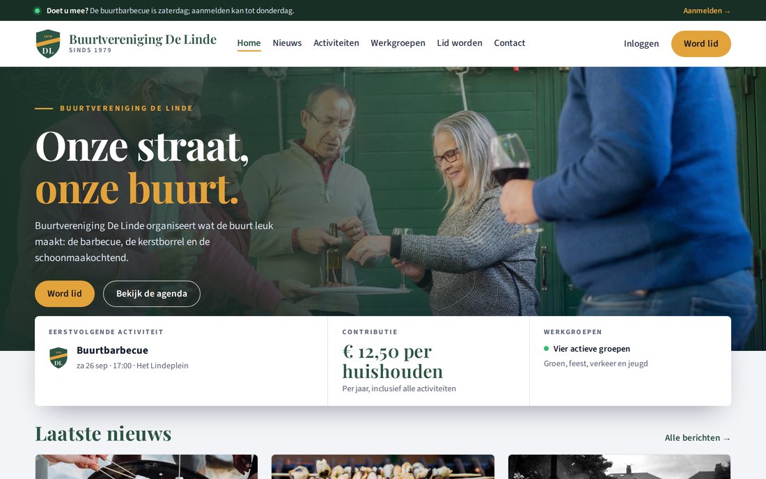 Website van Buurtvereniging De Linde, een buurtvereniging: de homepage met een fotohero, de agenda en de eerstvolgende activiteit, in de kleuren van de club — gemaakt met de websitebouwer