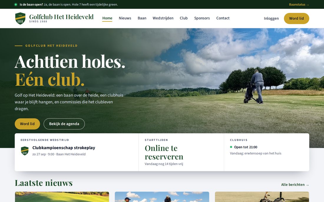 Website van Golfclub Het Heideveld, een golfclub: de homepage met een fotohero, het programma en de laatste uitslag, in de kleuren van de club — gemaakt met de websitebouwer
