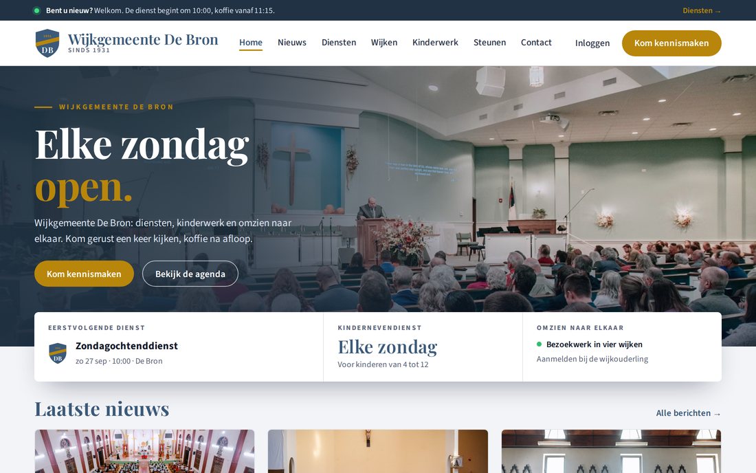 Website van Wijkgemeente De Bron, een kerk: de homepage met een fotohero, de agenda en de eerstvolgende activiteit, in de kleuren van de club — gemaakt met de websitebouwer