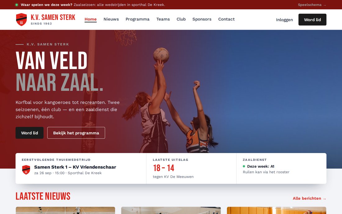 Website van K.V. Samen Sterk, een korfbalvereniging: de homepage met een fotohero, het programma en de laatste uitslag, in de kleuren van de club — gemaakt met de websitebouwer
