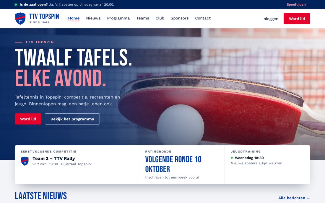 Website van TTV Topspin, een tafeltennisvereniging: de homepage met een fotohero, het programma en de laatste uitslag, in de kleuren van de club — gemaakt met de websitebouwer