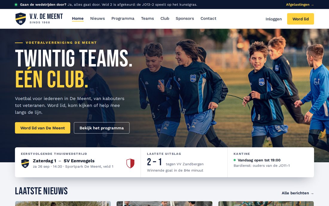 Voorbeeld van een verenigingswebsite gemaakt met de websitebouwer van LDA software: de homepage van voetbalvereniging v.v. De Meent met wedstrijdprogramma, laatste uitslag en clubnieuws